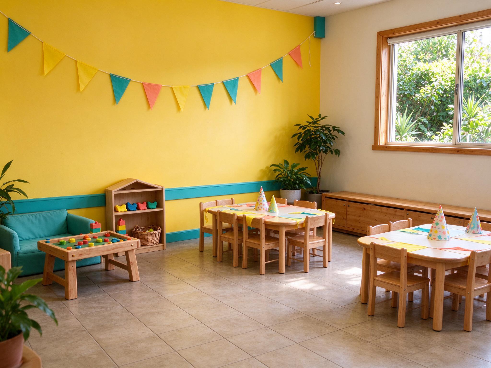 A bright party room with small tables and a children’s play corner