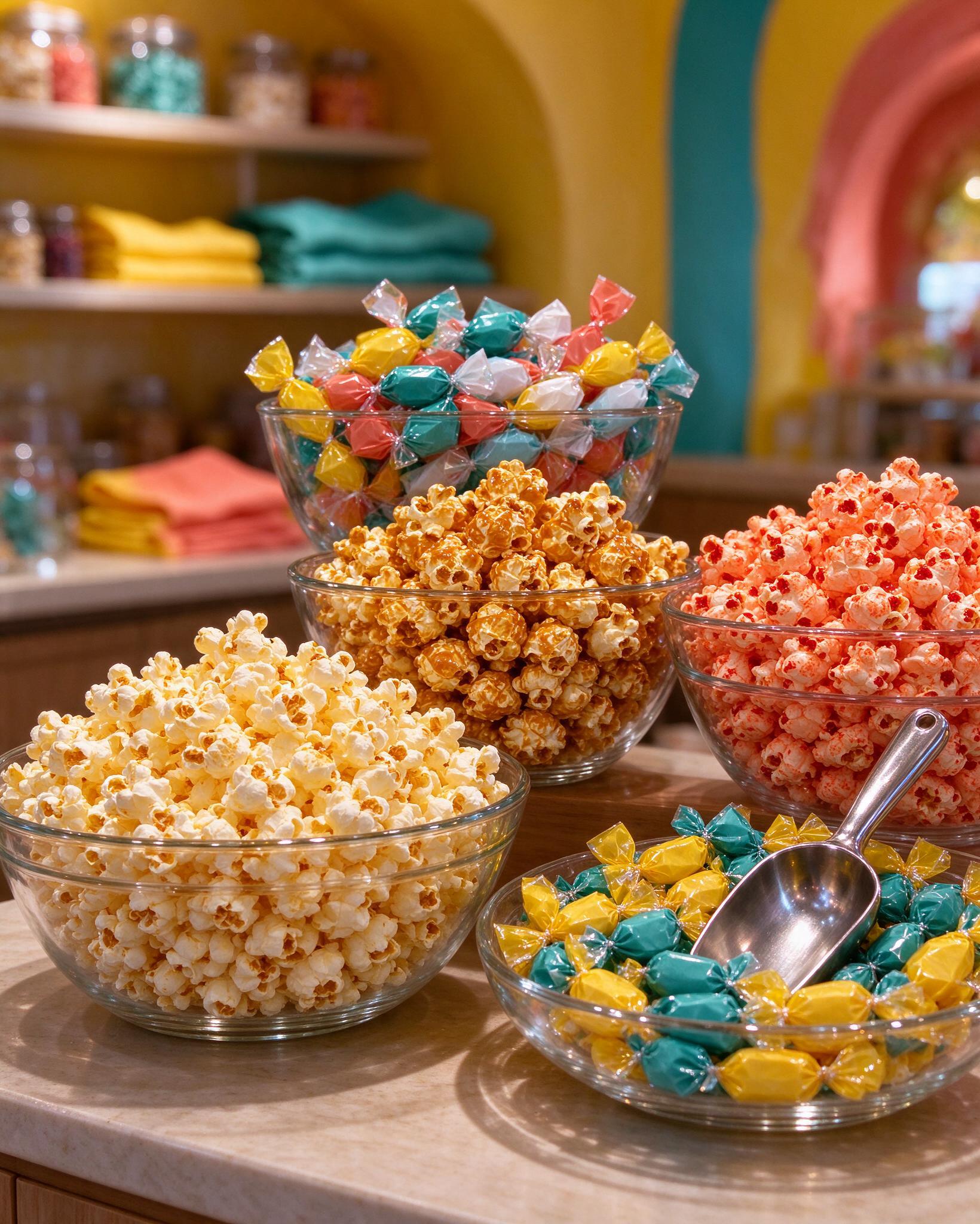 Popcorn and colourful sweets displayed together