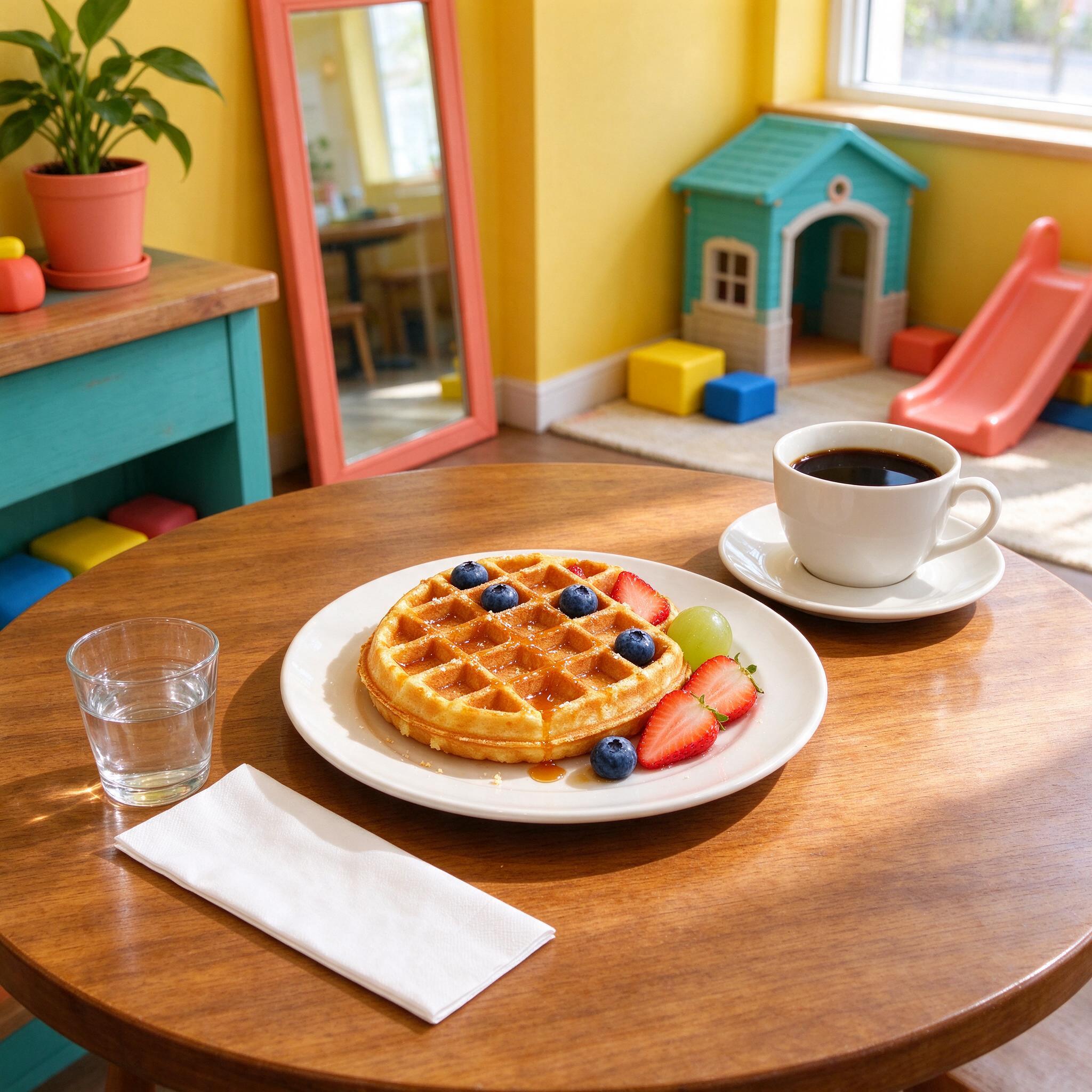 A waffle and coffee on a café table