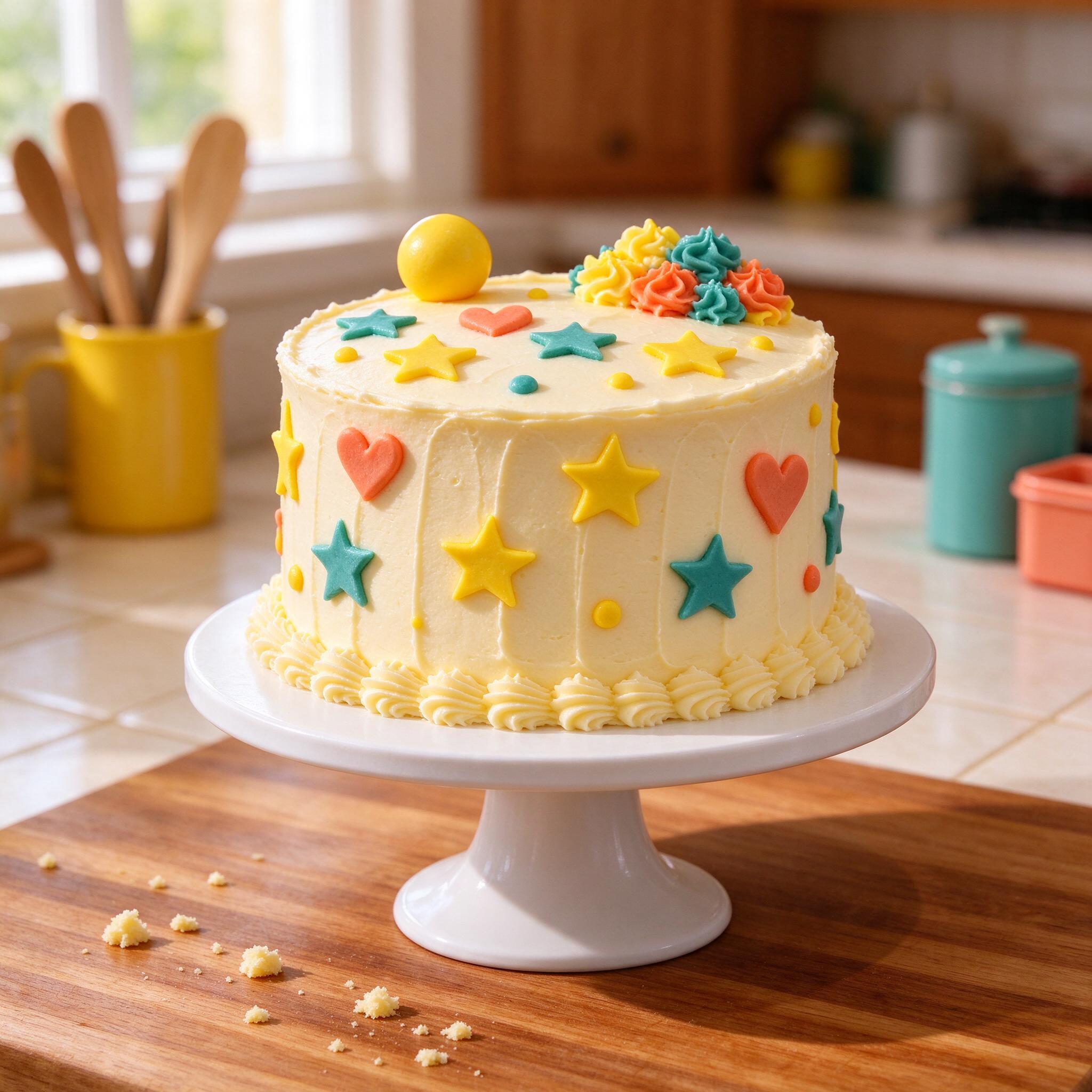 A decorated birthday cake on a stand