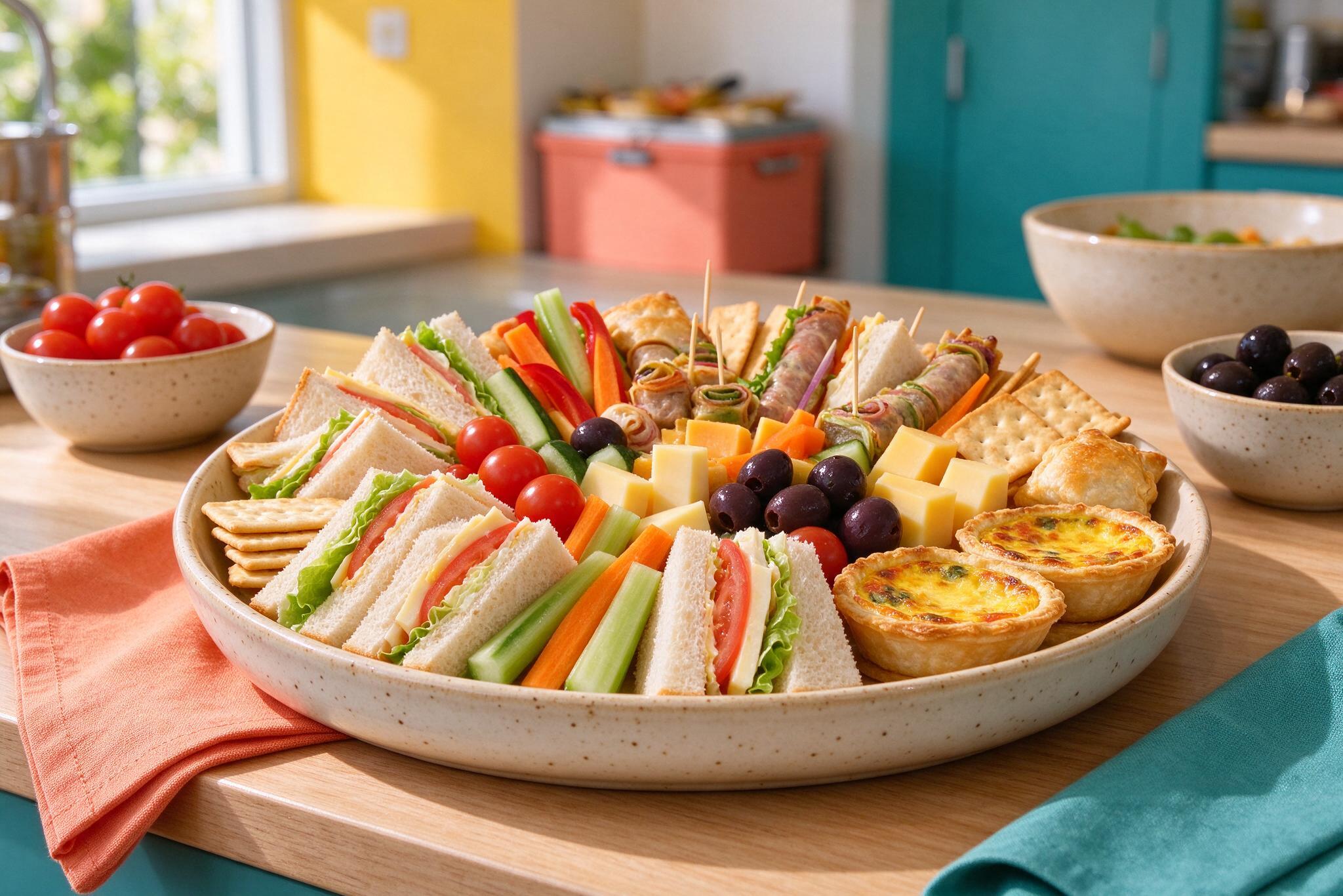A platter of sandwiches, vegetables and snacks