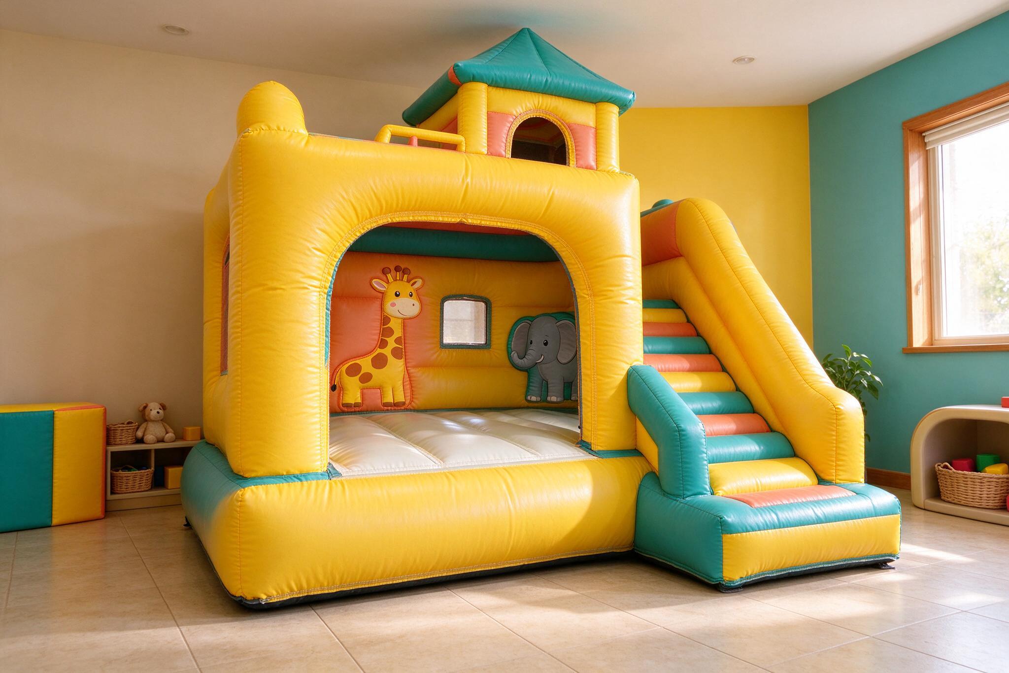 A colourful indoor jumping castle with a slide