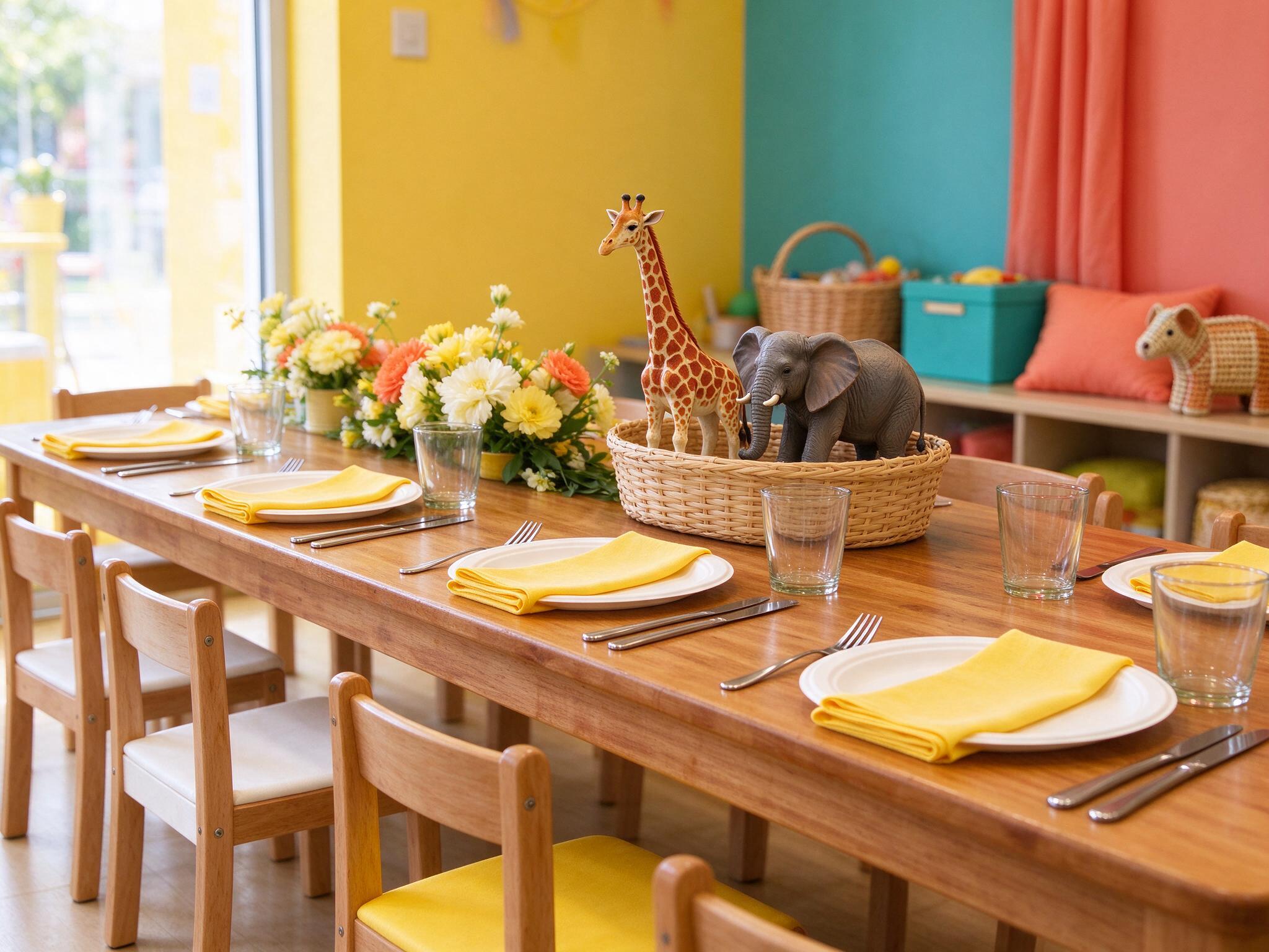 A party table set with plates and small decorations